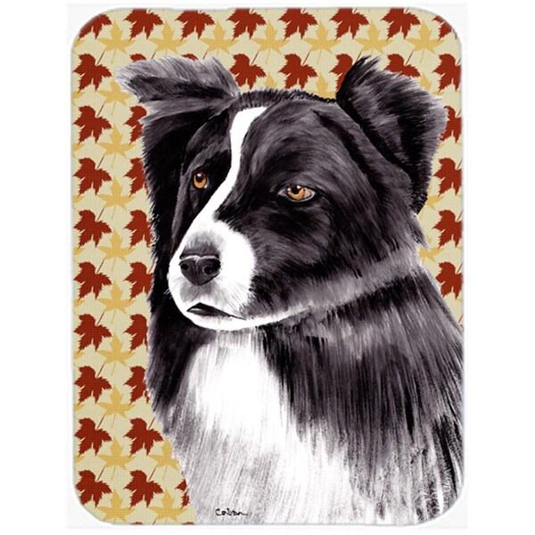 Carolines Treasures 12 x 15 in. Border Collie Fall Leaves Portrait Glass Cutting Board- Large - SC9207LCB