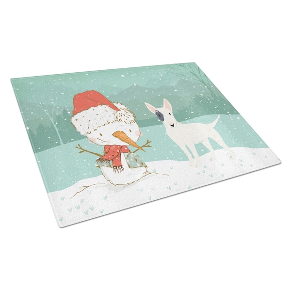 Carolines Treasures White Spot Bull Terrier Snowman Christmas Glass Cutting Board Large - CK2059LCB