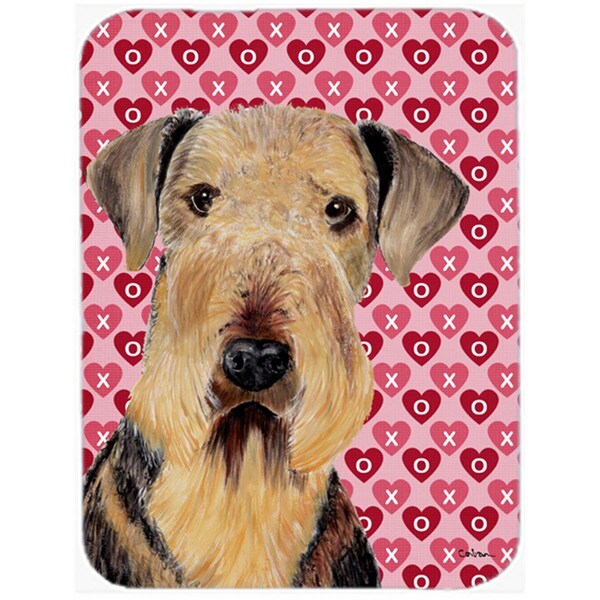 Carolines Treasures 12 x 15 in. Airedale Hearts Love and Valentines Day Portrait Glass Cutting Board- Large - SC9266LCB