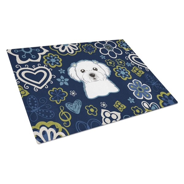Carolines Treasures Blue Flowers Maltese Glass Cutting Board Large - BB5059LCB