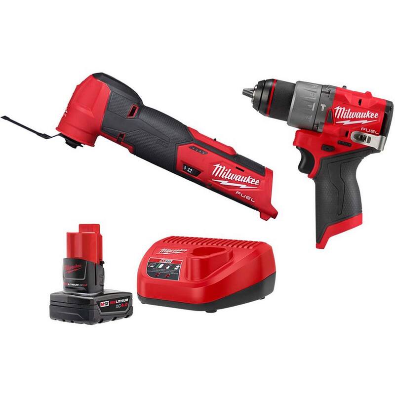 Herramienta múltiple oscilante inalámbrica de 12 voltios con tecnología FUEL y taladro martillo de 1/2 pulgada M12 FUEL con batería y cargador - 48-59-2440-2526-20-3404-20