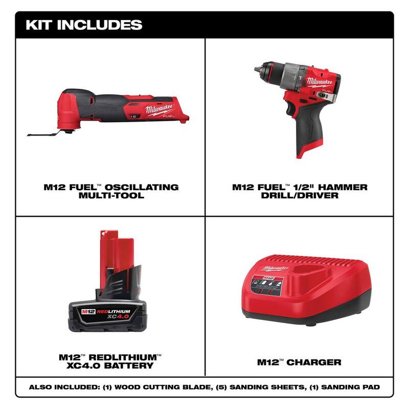 Herramienta múltiple oscilante inalámbrica de 12 voltios con tecnología FUEL y taladro martillo de 1/2 pulgada M12 FUEL con batería y cargador - 48-59-2440-2526-20-3404-20