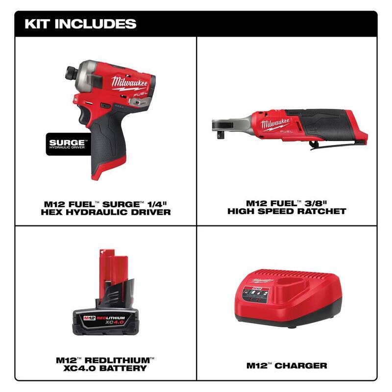 Milwaukee M12 FUEL SURGE 12V Lithium-Ion Brushless Cordless 1/4 in. Impact Driver & M12 FUEL 3/8 in. Ratchet con Batería y Cargador - 48-59-2440-2551-20-2567-20.