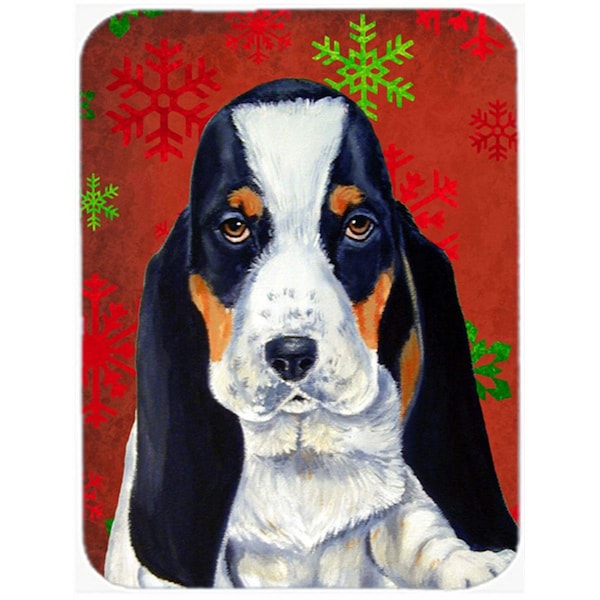 Carolines Treasures Basset Hound Red And Green Snowflakes Christmas Glass Cutting Board- Large - LH9329LCB