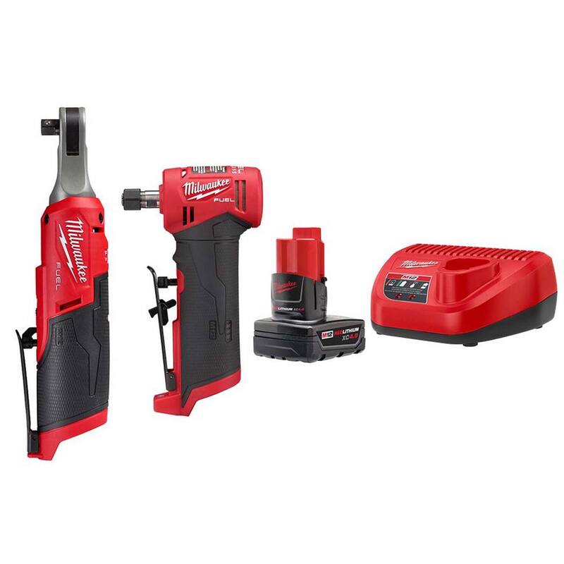Llave de trinquete inalámbrica sin escobillas de 12 voltios y 3/8 pulgadas y amoladora de troqueles de 1/4 de Milwaukee M12 FUEL con batería y cargador - 48-59-2440-2567-20-2485-20.