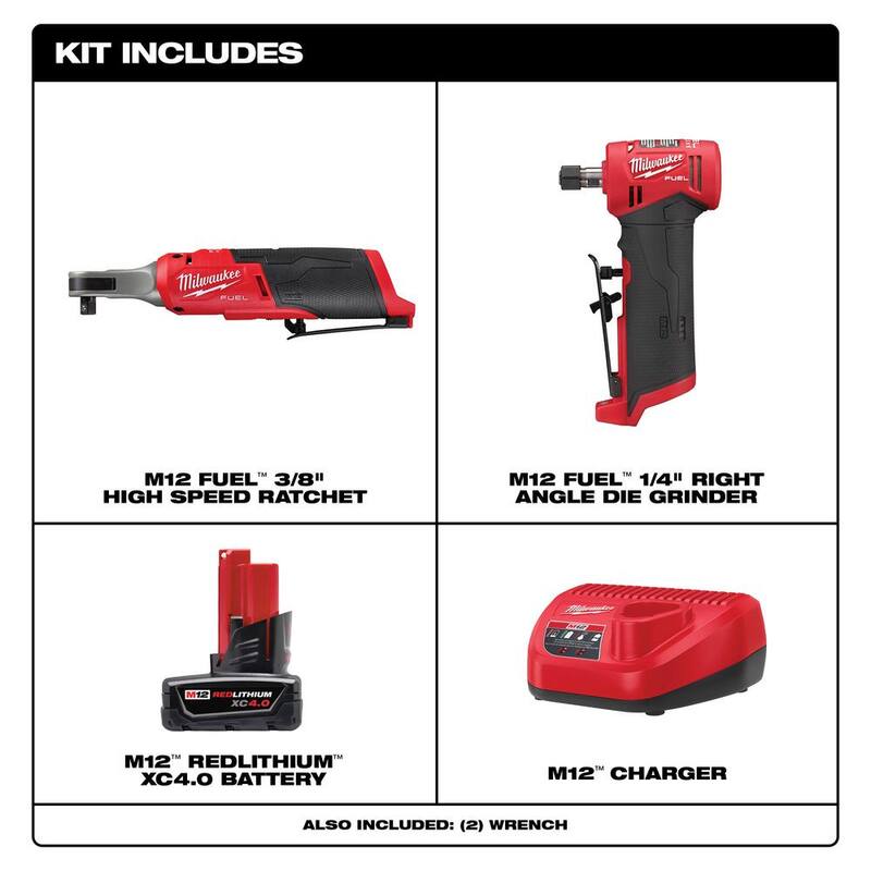 Llave de trinquete inalámbrica sin escobillas de 12 voltios y 3/8 pulgadas y amoladora de troqueles de 1/4 de Milwaukee M12 FUEL con batería y cargador - 48-59-2440-2567-20-2485-20.