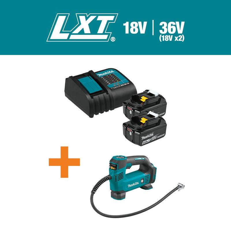 Paquete de inicio de batería y cargador de iones de litio Makita LXT de 18V (4.0Ah) con bono de inflador inalámbrico de iones de litio LXT de 18 voltios.