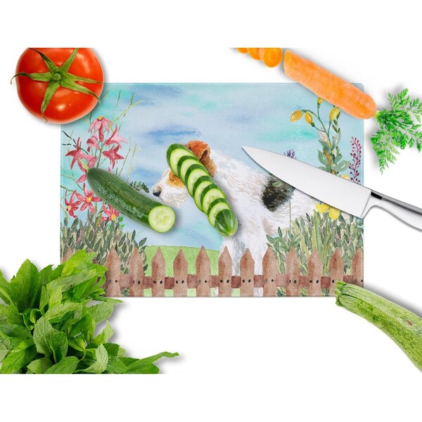 Carolines Treasures Fox Terrier Spring Glass Cutting Board, Large - CK1212LCB