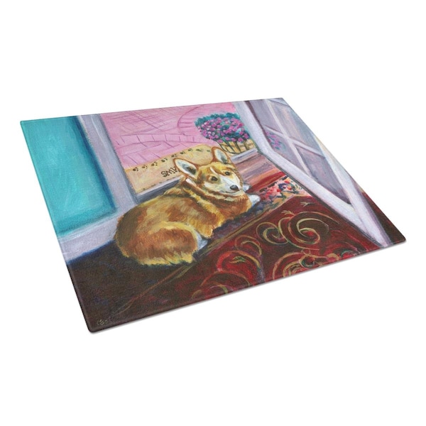 Carolines Treasures Corgi Watching From the Door Glass Cutting Board Large - 7410LCB