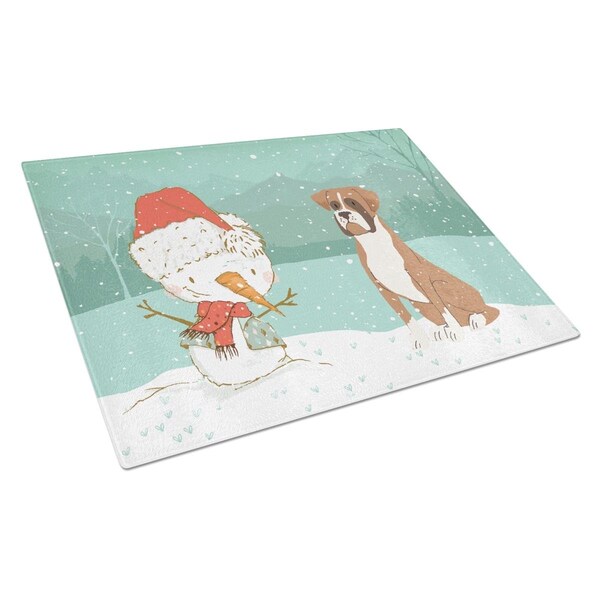 Carolines Treasures Fawn Boxer & Snowman Christmas Glass Cutting Board Large - CK2036LCB