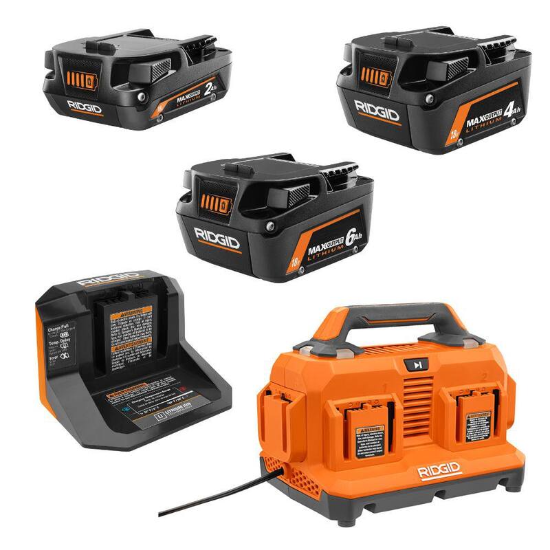 Baterías RIDGID de Litio-Ion de 18V MAX Output de 6.0 Ah, 4.0 Ah y 2.0 Ah, Cargador y Cargador Gratis de 6 Puertos - AC9302460SB-AC86096