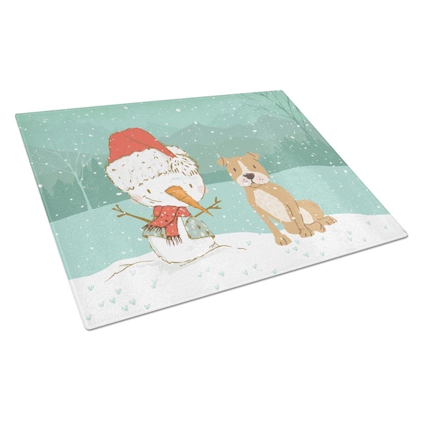 Carolines Treasures Brown Staffie Snowman Christmas Glass Cutting Board Large - CK2076LCB