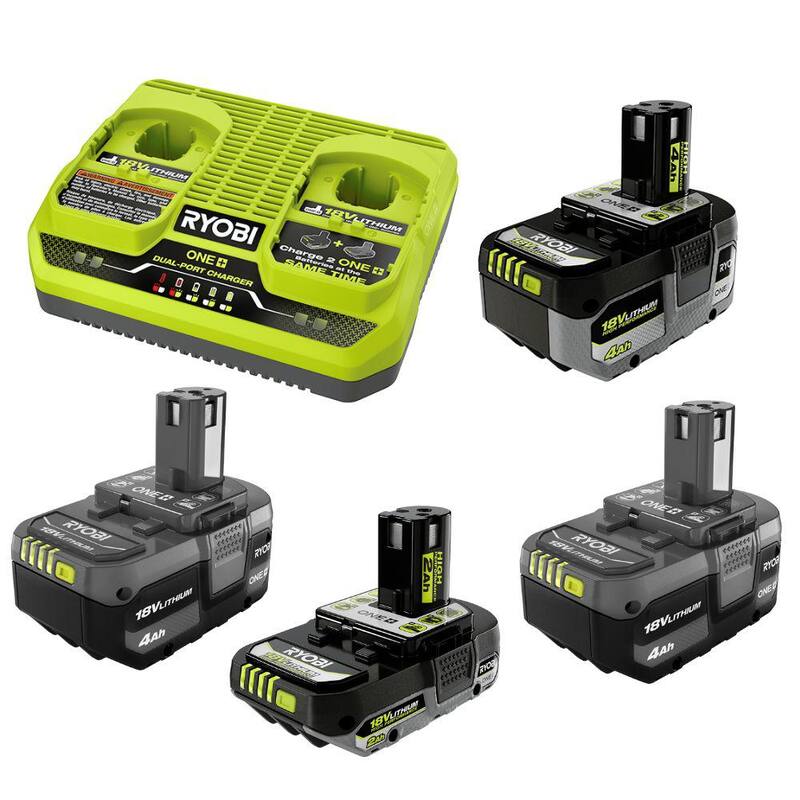 Baterías de alto rendimiento RYOBI ONE+ HP de 18V 4.0 Ah y 2.0 Ah con kit de cargador de doble puerto y (2) baterías de 4.0 Ah - PSK022-PBP2005