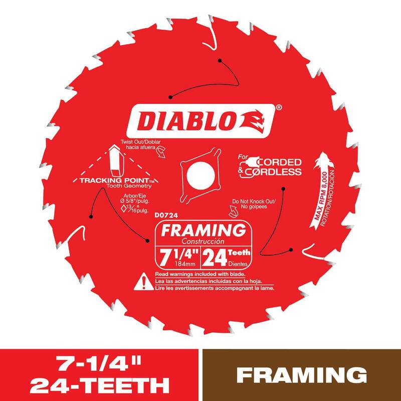 Cuchilla para sierra de armazón DIABLO 7-1/4 pulgadas x 24 dientes con punta de seguimiento para madera - D0724R