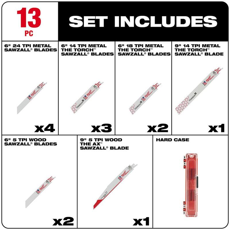 Juego de hojas de sierra alternante bimetálica Milwaukee SAWZALL para demolición de madera y metal incrustado con clavos (13 piezas) - 49-22-1113