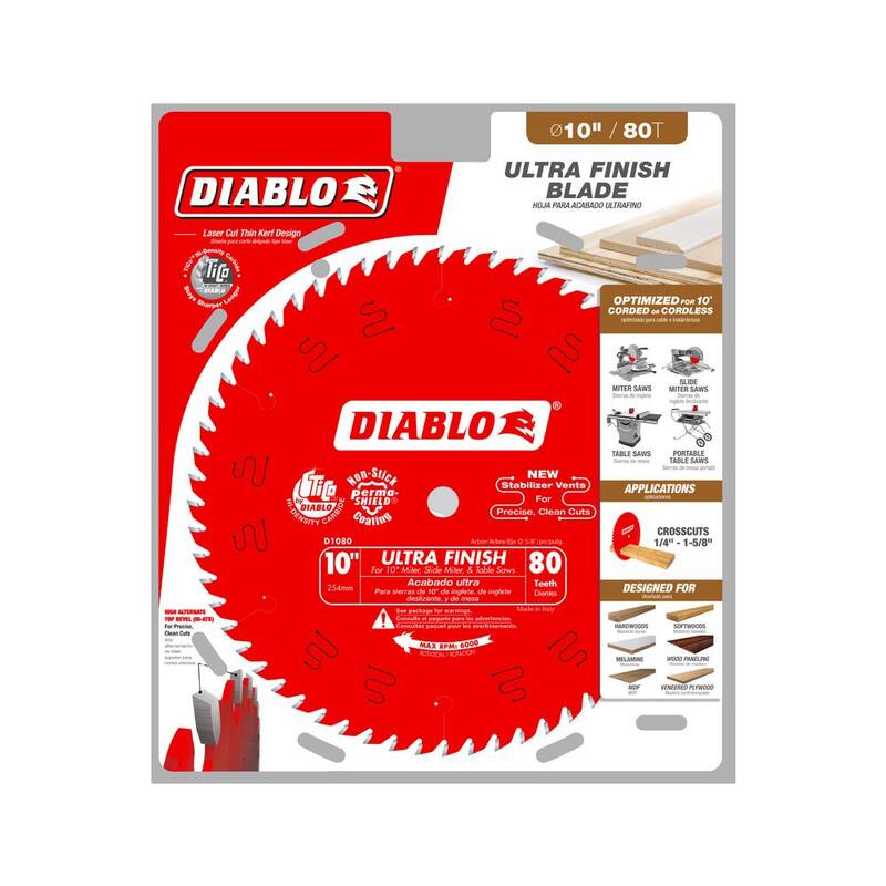DIABLO 10 pulgadas x 80 dientes Hoja de sierra para acabados ultra finos para madera - D1080X