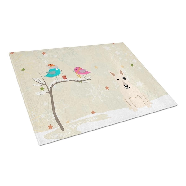 Carolines Treasures Christmas Presents Between Friends Bull Terrier White Glass Cutting Board, Large - BB2610LCB