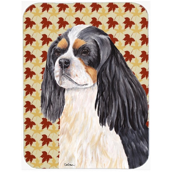 Carolines Treasures 12 x 15 in. Cavalier Spaniel Fall Leaves Portrait Glass Cutting Board- Large - SC9231LCB