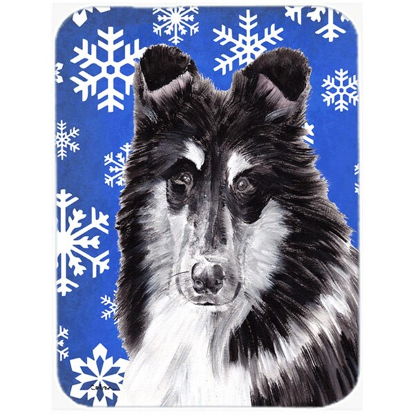 Carolines Treasures Black And White Collie Large Size Winter Snowflakes Glass Cutting Board - SC9774LCB
