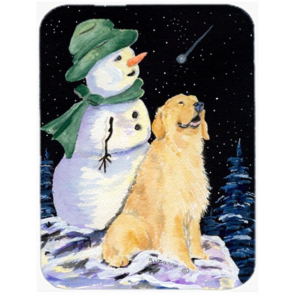 Carolines Treasures 12 x 15 in. Golden Retriever with Snowman in Green Hat Glass Cutting Board- Large - SS8577LCB