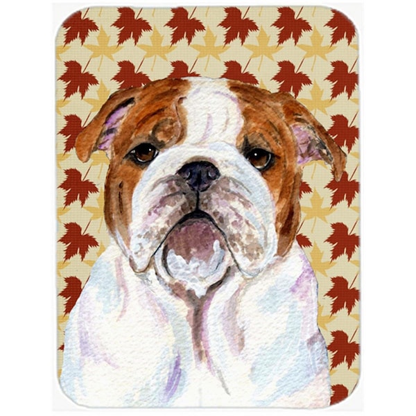 Carolines Treasures 12 x 15 in. Bulldog English Fall Leaves Portrait Glass Cutting Board- Large - SS4372LCB