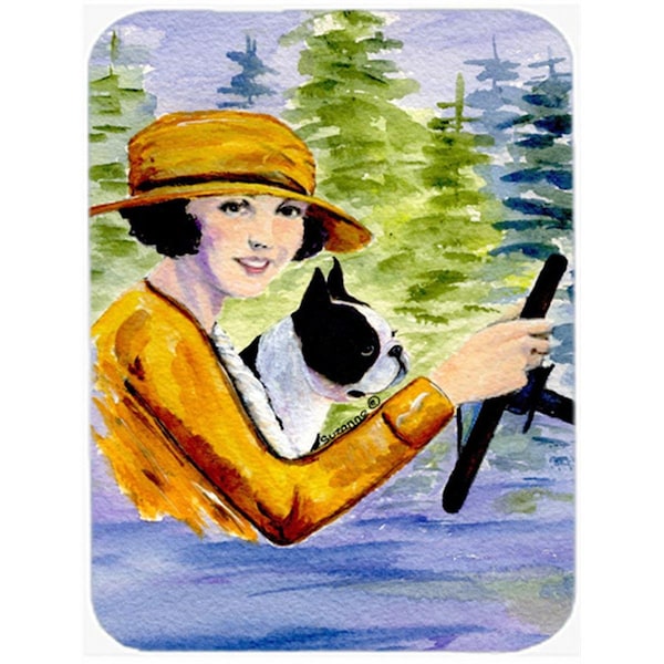 Carolines Treasures Woman driving with her Boston Terrier Glass Cutting Board - Large- 15 H x 12 L in. - SS8534LCB