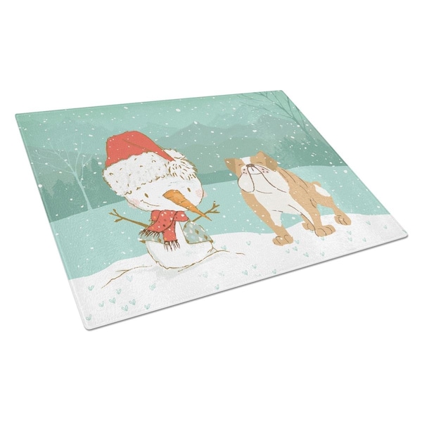Carolines Treasures English Bulldog Snowman Christmas Glass Cutting Board Large - CK2053LCB