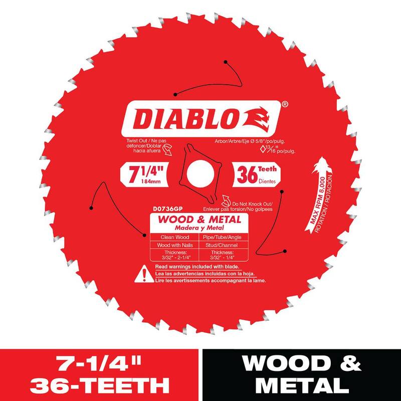 Hoja de sierra circular de carburo de 7-1/4 pulgadas x 36 dientes para madera y metal - D0736GPR