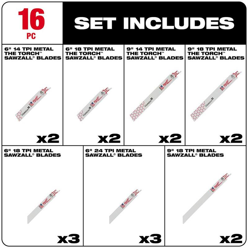 Set de hojas recíprocas de corte de metal bi-metal Milwaukee SAWZALL (16 piezas) - 49-22-1216