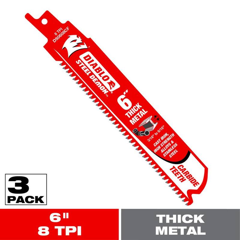 DIABLO 6 pulgadas 8 TPI Steel Demon Carbide Hojas de sierra reciprocante para corte de metal grueso (paquete de 3) - DS0608CF3