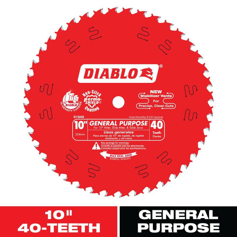 DIABLO 10 pulgadas x 40 dientes Hoja de sierra de propósito general para madera - D1040X