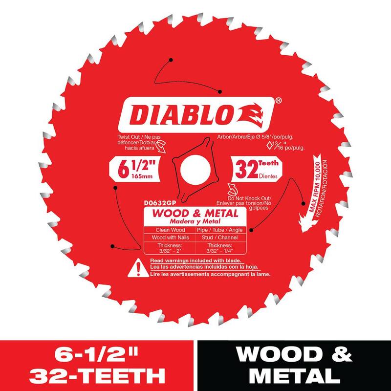 Hoja de sierra circular de carburo DIABLO de 6-1/2 pulgadas y 32 dientes para madera y metal - D0632GPR