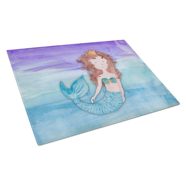 Carolines Treasures Brunette Mermaid Watercolor Glass Cutting Board Large - BB7422LCB