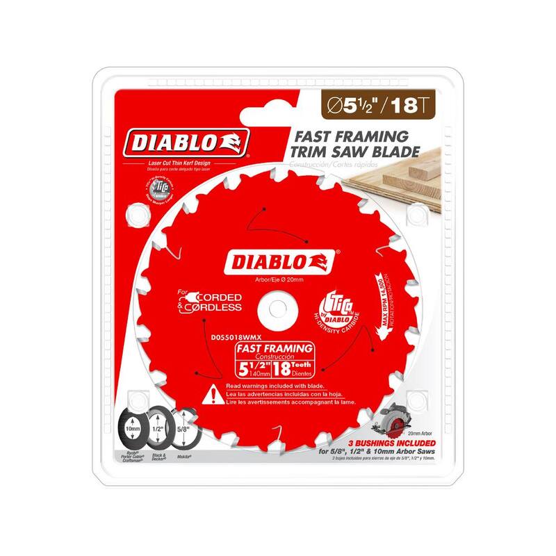 Hoja de sierra circular de enmarcar rápida DIABLO de 5-1/2 pulgadas x 18 dientes con casquillos - D055018WMX