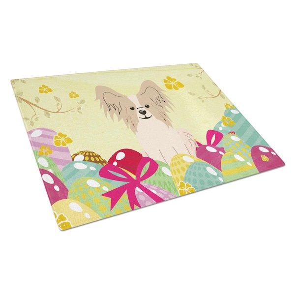 Carolines Treasures Easter Eggs Papillon Sable White Glass Cutting Board Large - BB6077LCB