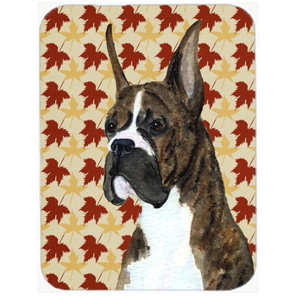 Carolines Treasures 12 x 15 in. Boxer Brindle Fall Leaves Portrait Glass Cutting Board- Large - SS4348LCB