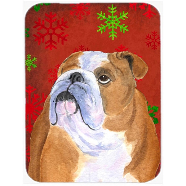 Carolines Treasures Bulldog English Red and Green Snowflakes Christmas- Glass Cutting Board - Large - SS4698LCB