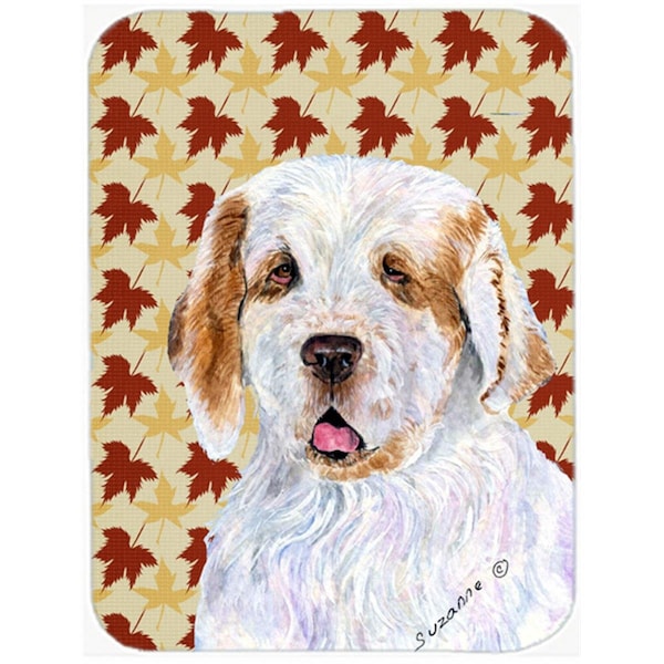Carolines Treasures 12 x 15 in. Clumber Spaniel Fall Leaves Portrait Glass Cutting Board- Large - SS4356LCB