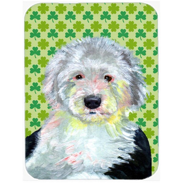 Carolines Treasures 15 x 12 in. Old English Sheepdog St. Patricks Day Shamrock Glass Cutting Board - Large - LH9216LCB
