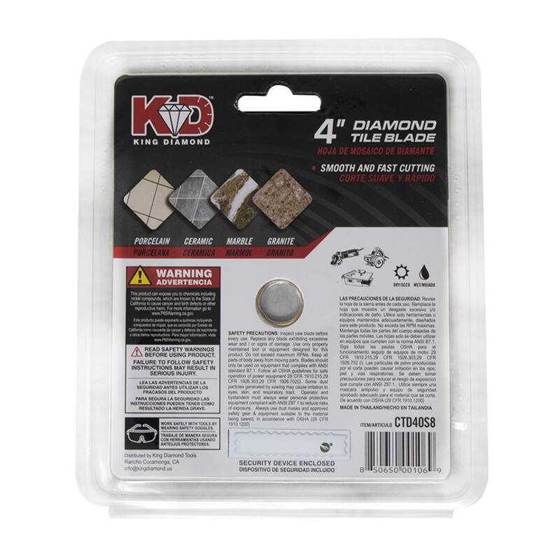 Hoja de sierra circular de diamante de 4 pulgadas con borde continuo - CTD40S8 de KING DIAMOND