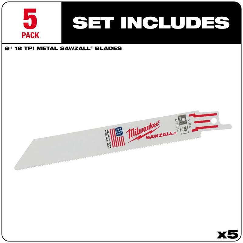Milwaukee 6 pulgadas 18 TPI Cuchillas de sierra alternativa para cortar metal mediano SAWZALL (paquete de 5) - 48-00-5184
