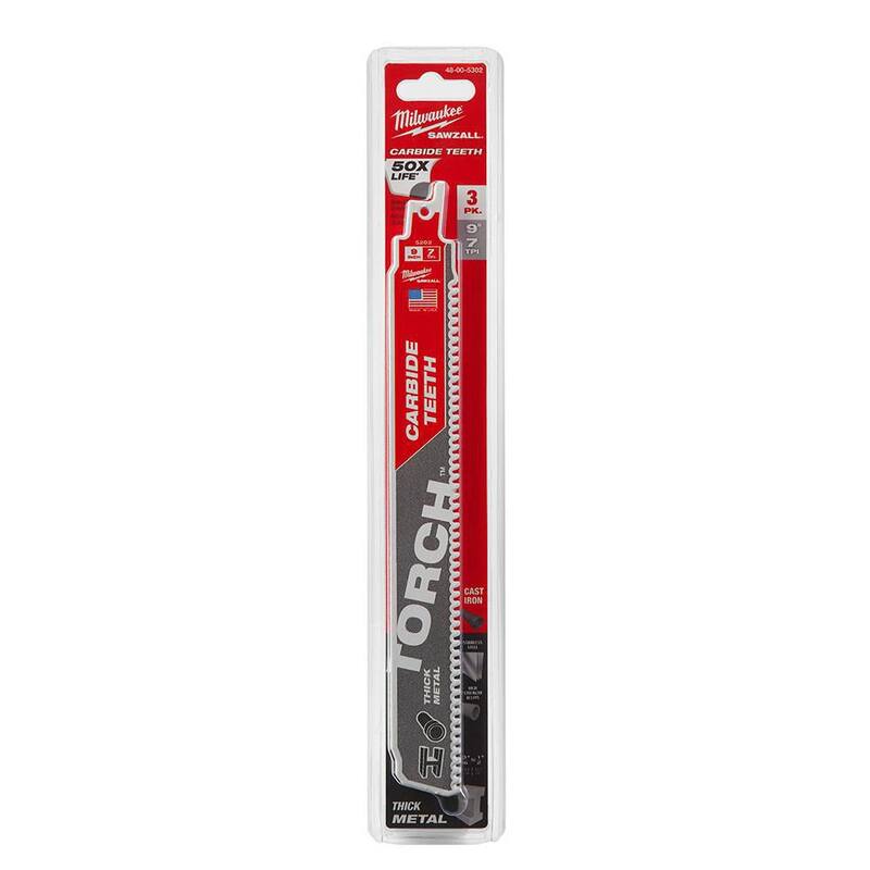 Milwaukee 9 in. 8 TPI TORCH Carbide Teeth Thick Metal Cutting SAWZALL Reciprocating Saw Blade (Paquete de 3) - 48-00-5302