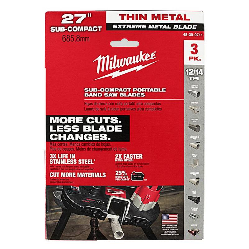 Milwaukee 27 pulgadas 12/14 TPI Hoja de sierra de banda para cortar metal extremadamente delgada Sub Compact (paquete de 3) para sierra de banda M12 - 48-39-0711