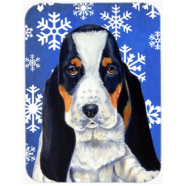 Carolines Treasures 15 x 12 in. Basset Hound Winter Snowflakes Holiday Glass Cutting Board - Large - LH9284LCB