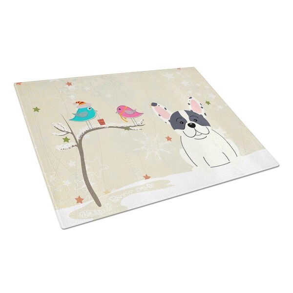 Carolines Treasures Christmas Presents Between Friends French Bulldog Piebald Glass Cutting Board, Large - BB2483LCB