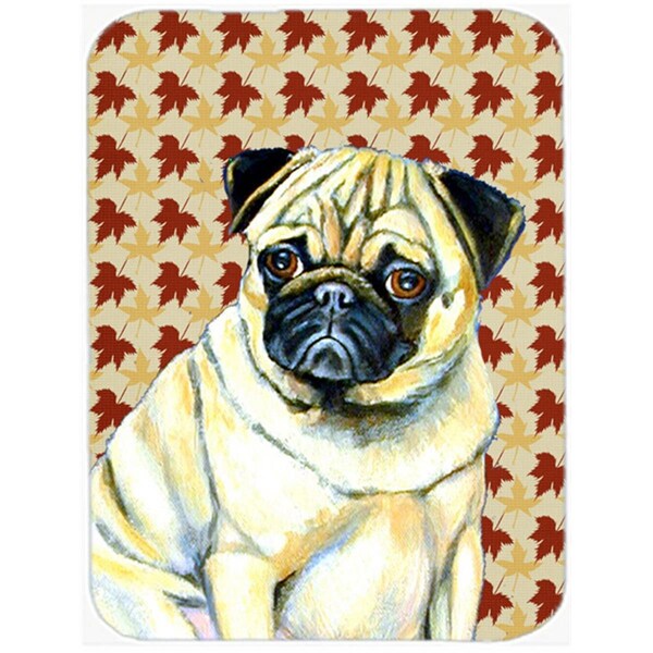 Carolines Treasures LH9117LCB Pug Fall Leaves Portrait Glass Cutting Board, Large - LH9117LCB