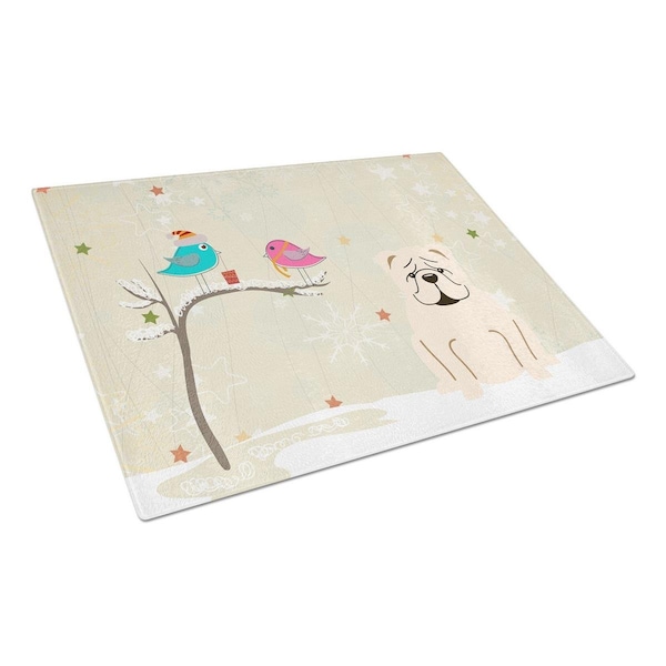 Carolines Treasures Christmas Presents Between Friends English Bulldog White Glass Cutting Board, Large - BB2595LCB