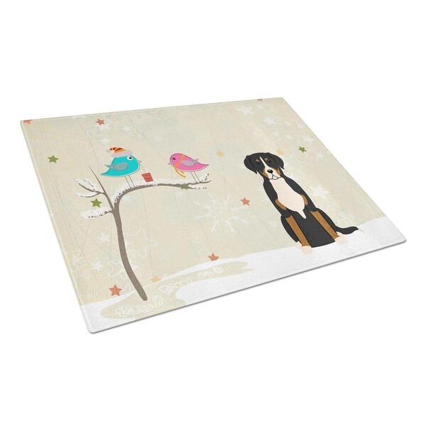 Carolines Treasures Christmas Presents Between Friends Greater Swiss Mountain Dog Glass Cutting Board, Large - BB2509LCB