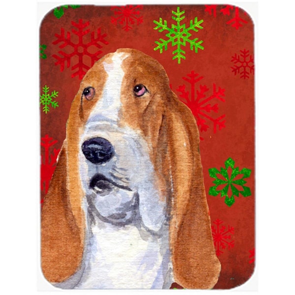 Carolines Treasures Basset Hound Red and Green Snowflakes Christmas Glass Cutting Board - Large- 15 H x 12 L in. - SS4735LCB