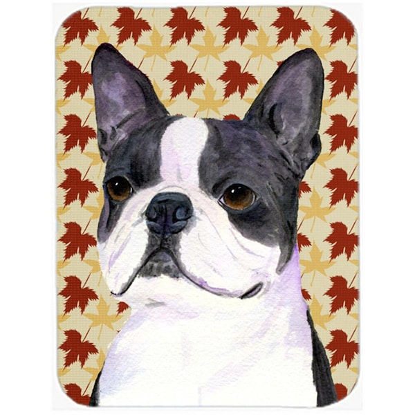 Carolines Treasures 12 x 15 in. Boston Terrier Fall Leaves Portrait Glass Cutting Board- Large - SS4340LCB